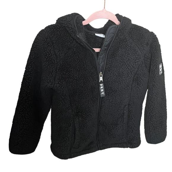 DKNY Sport Faux Fur teddy fleece jacket zip up hoodie black Small - Picture 1 of 8